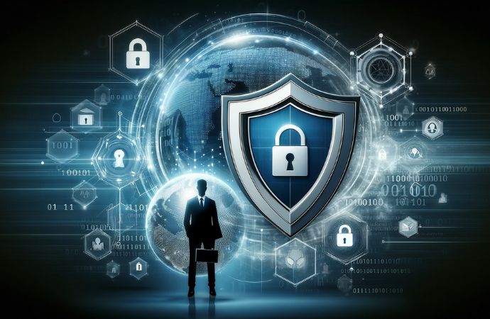 Business security concept with shield and digital symbols